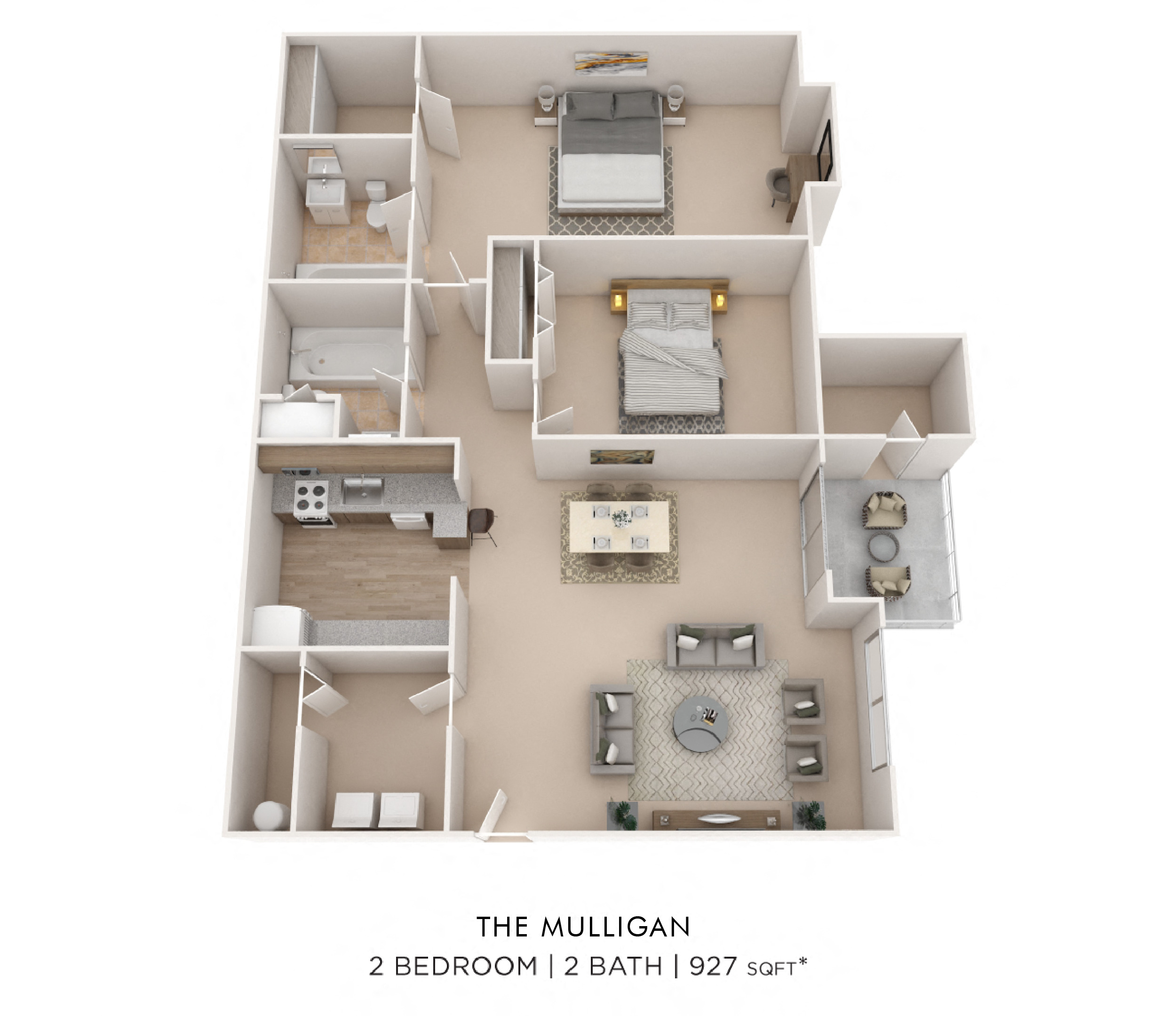 Floor plan for 2 beds, 2 baths, 927 sqft